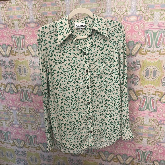 Ganni Leap Print Crepe Shirt Button Down Blouse Green Long Sleeve Ivory - Picture 4 of 6